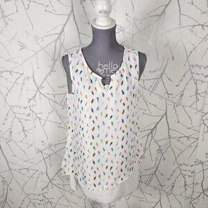 DeVie White Colorful Feathers Print Asymmetrical Tiered Tank